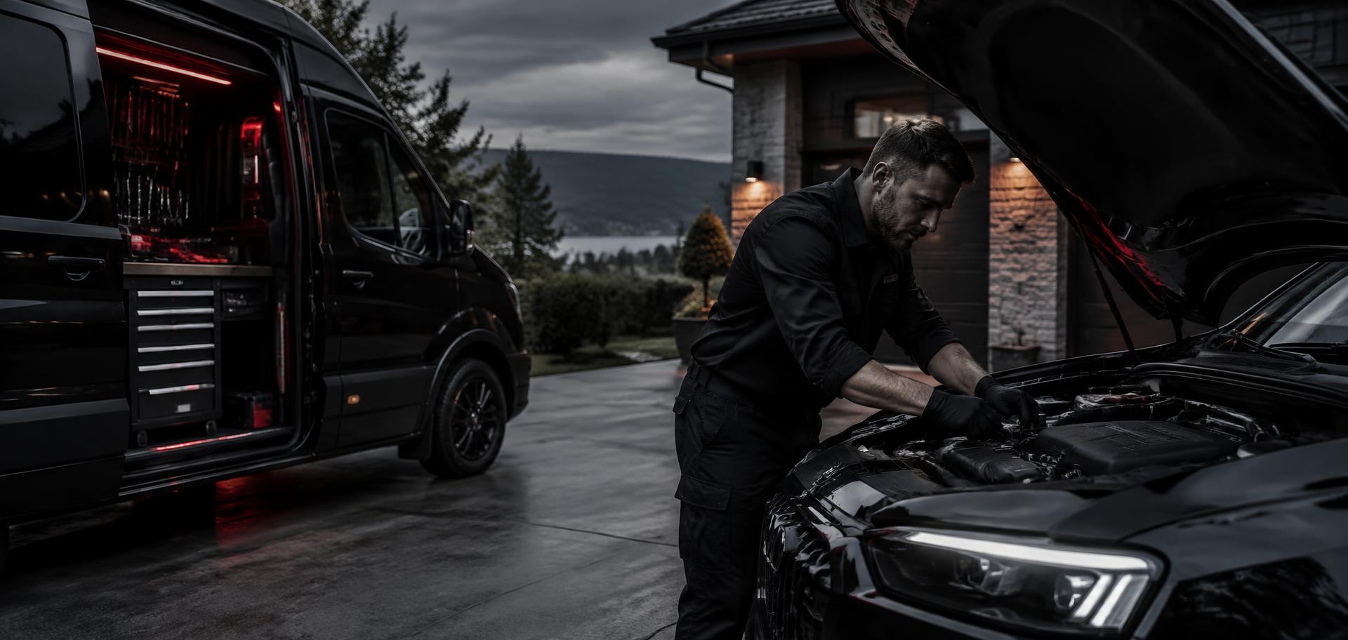 Mobile mechanic working under an open hood in a residential driveway