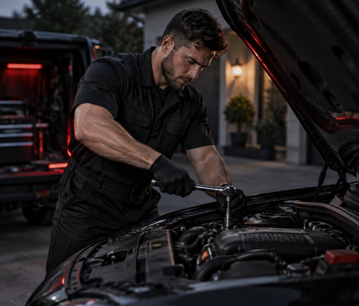 Professional mobile mechanic diagnosing a vehicle