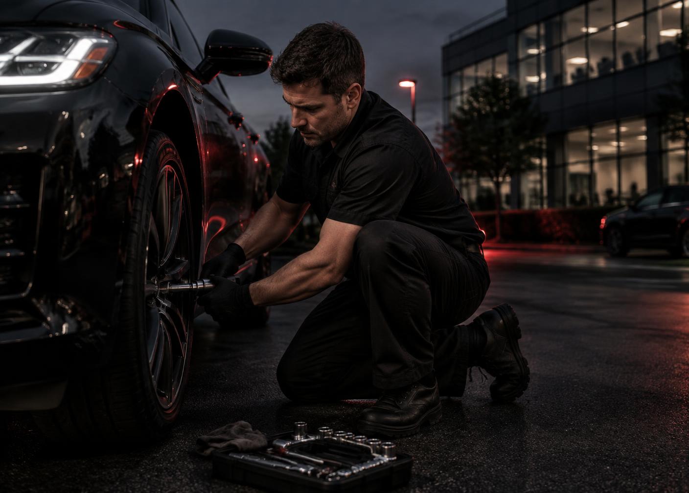 Mobile mechanic servicing a vehicle in a workplace parking lot