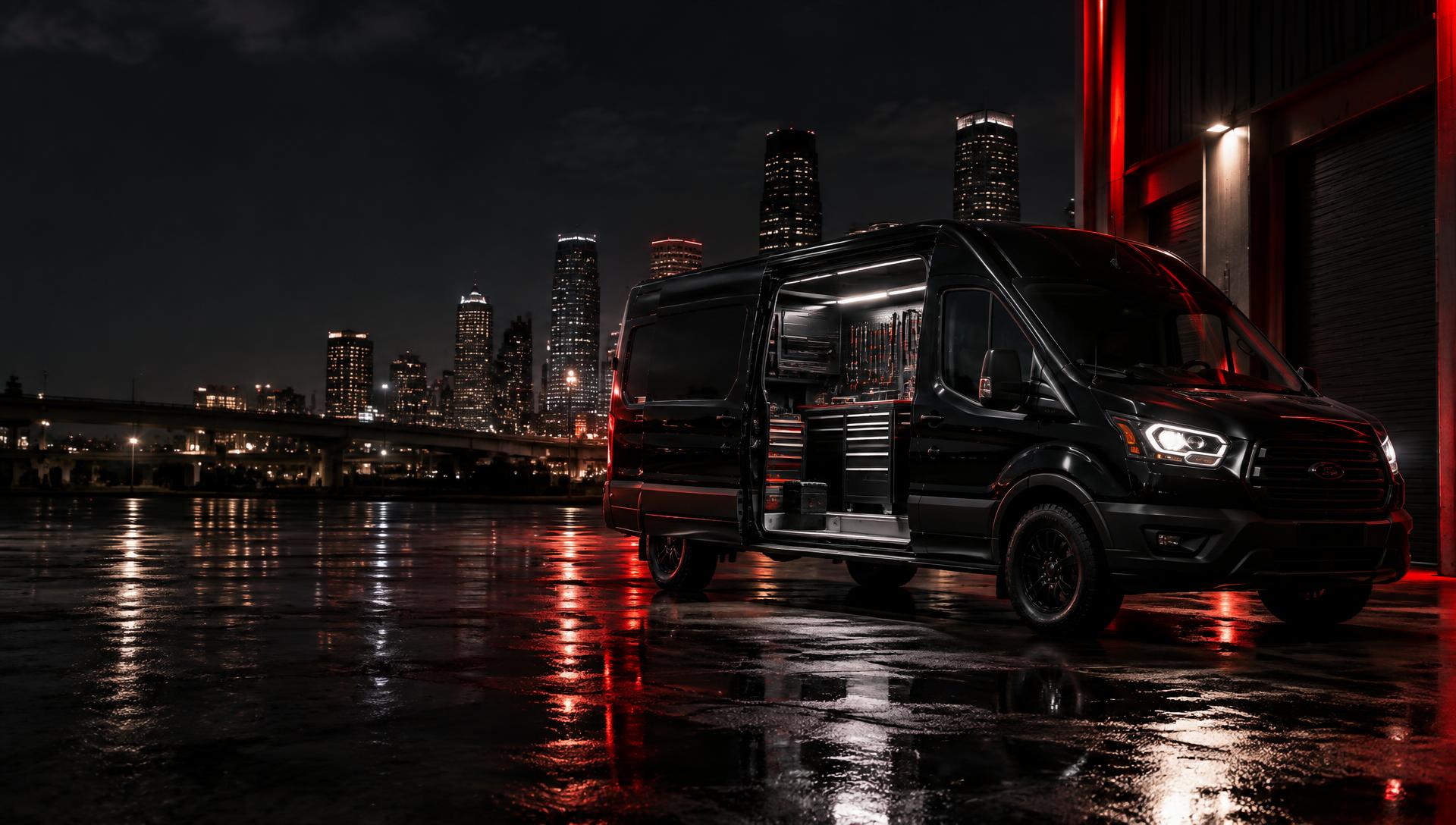 Black mobile mechanic service van in Houston at night
