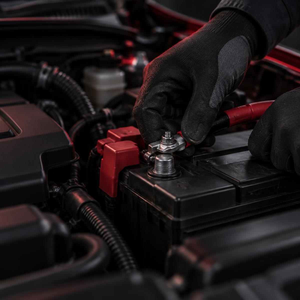 Close-up of a mechanic connecting a car battery terminal
