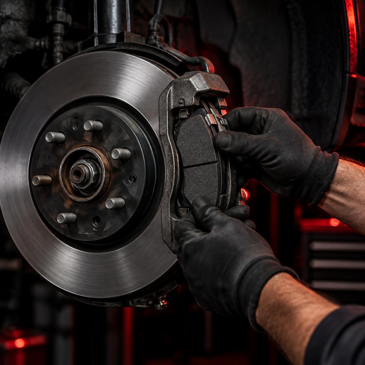 Mechanic fitting a new brake pad to a caliper with the wheel removed
