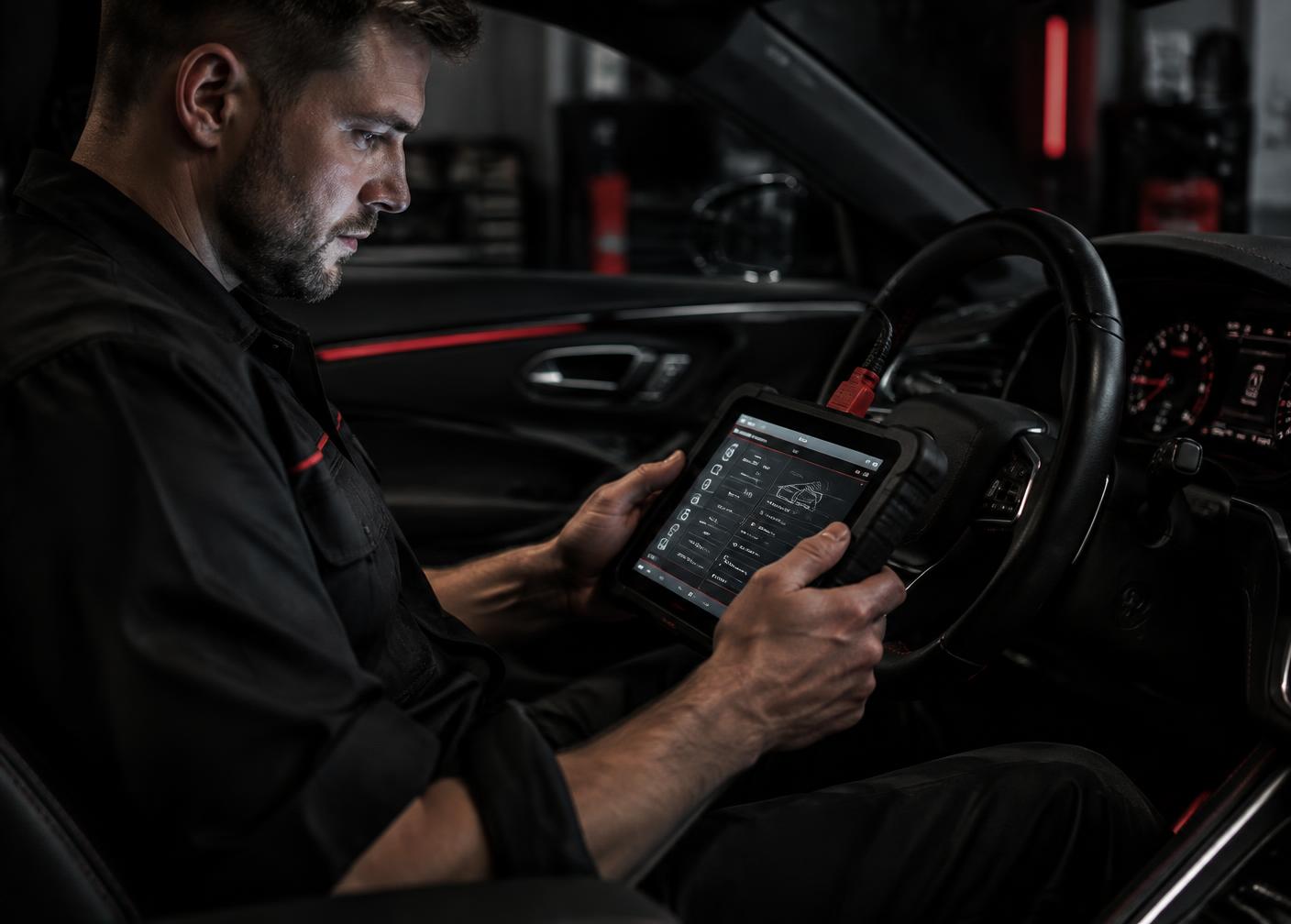 Mobile mechanic using a diagnostic scan tool inside a vehicle