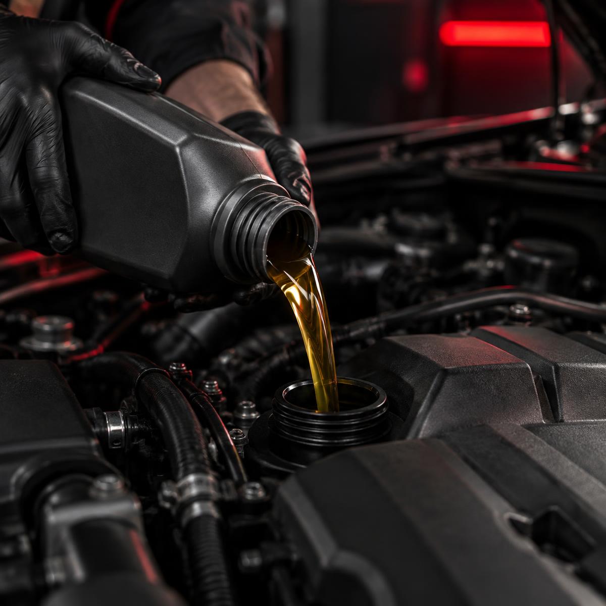 Fresh motor oil being poured into an engine