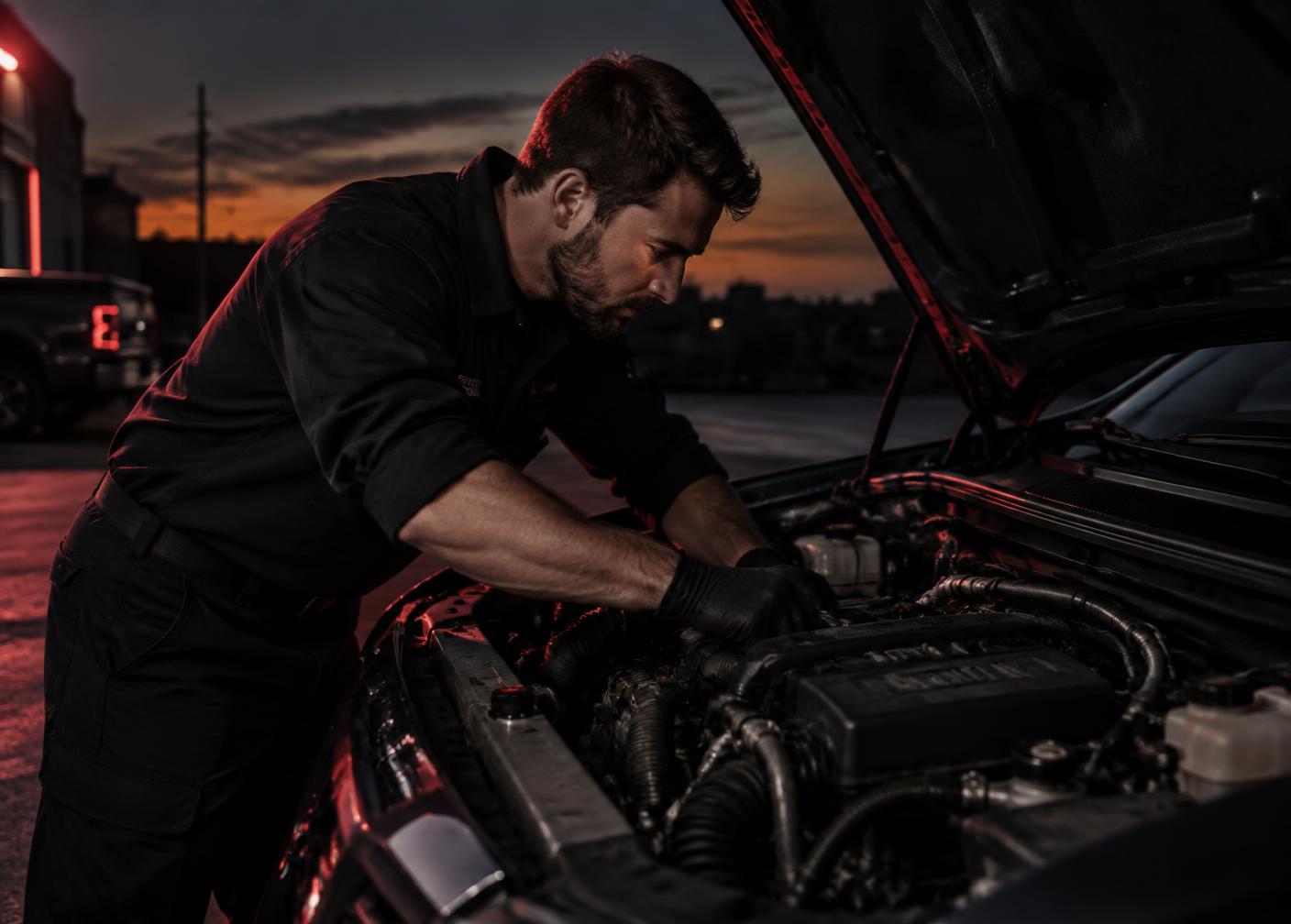 Mechanic working under an open hood at dusk